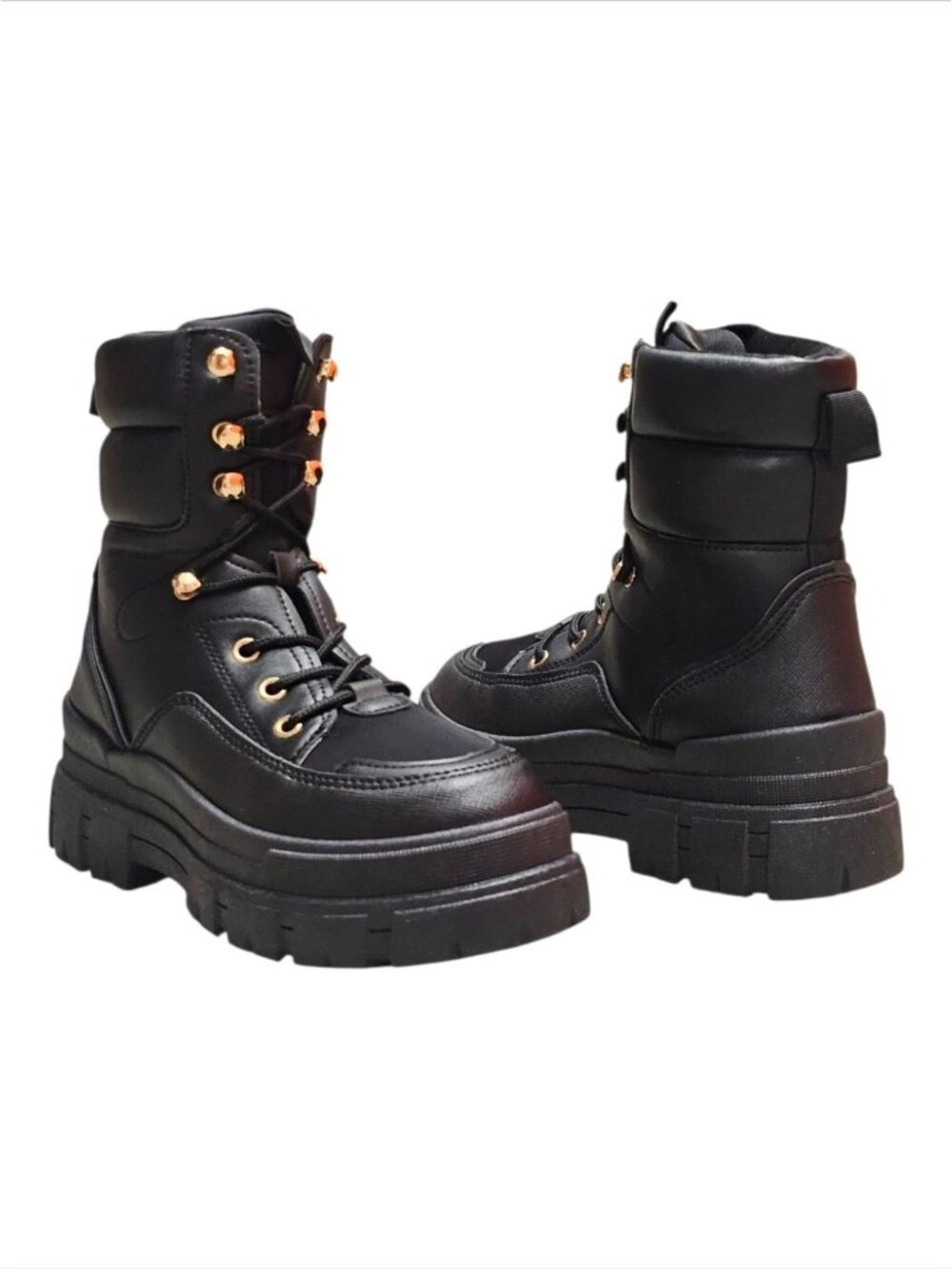 Chunky Black Combat Style Lace-Up Boots With Gold Eyelets For Women - Picture 9 of 9